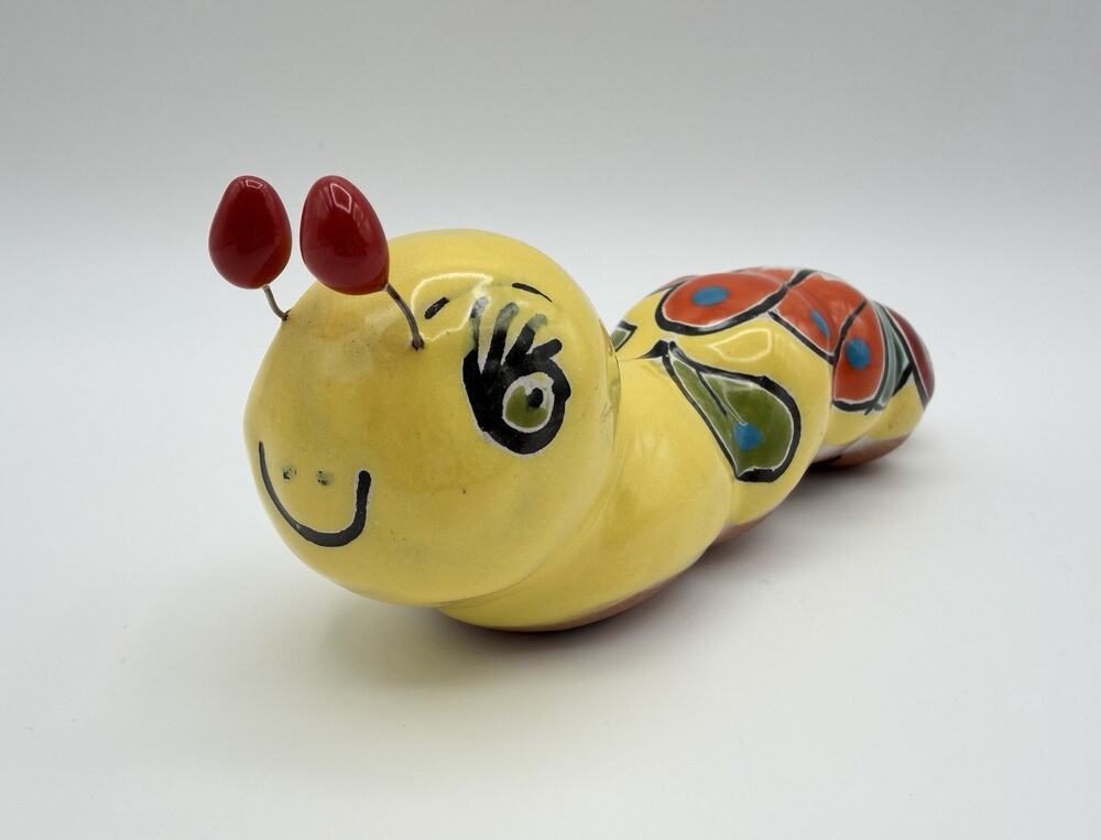 Talavera Mexican Pottery Yellow Caterpillar Inch Worm Figurine 6” Made in Mexico